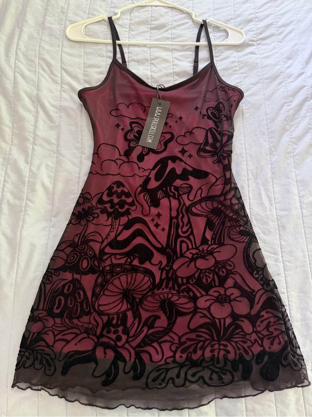 Dolls Kill Black & Burgundy Mushroom Print Mini Dress